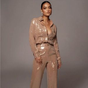 SOLD❌TAN BAGUETTE SEQUIN BUTTON UP with 
TAN ELOWEN SEQUIN TROUSERS